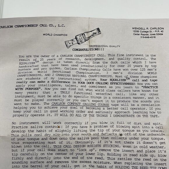 CCC Carlson Championship Calls Brown Duck Call With Lanyard, Tape + Paperwork - Picture 14 of 15